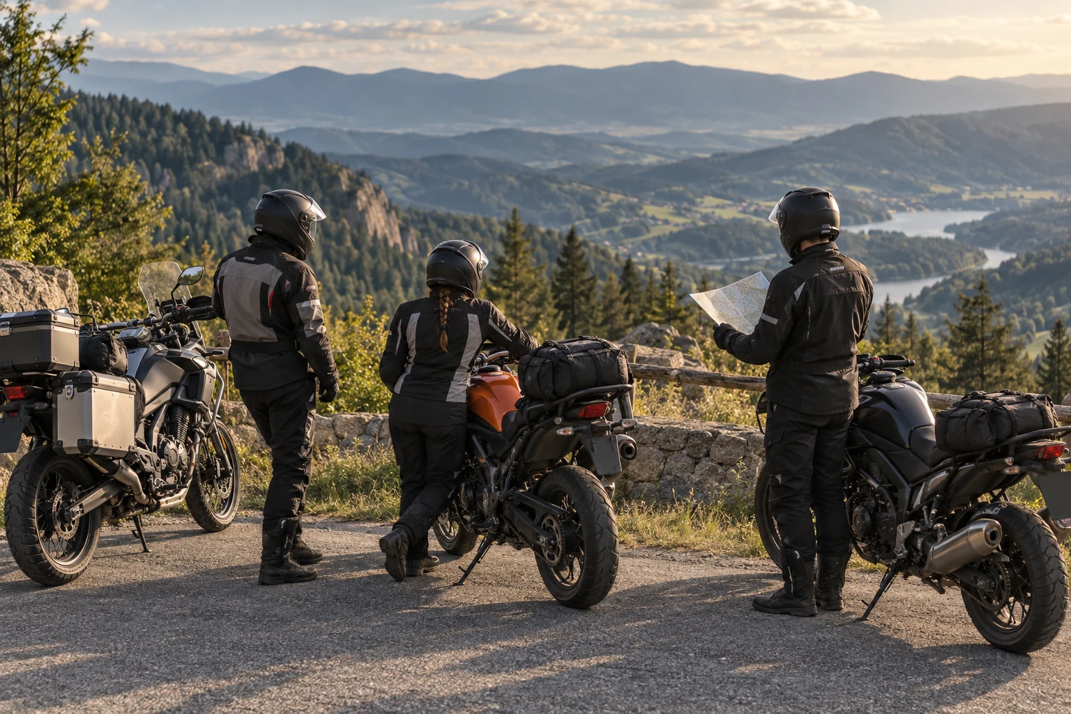 Motorcycle travellers at a mountain overlook — AI illustration